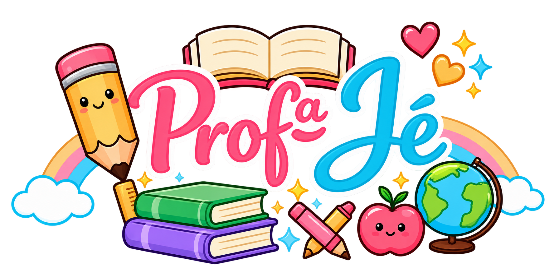 Profª Jé — logo com arco-íris, livros e lápis